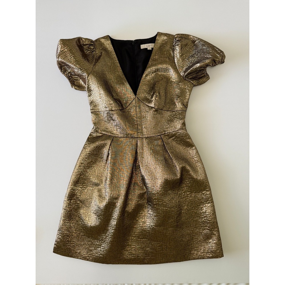 LOFT Metallic Jacquard V-Neck Puff Sleeve Mini Flare Dress Women's‎ Size 2 Gold